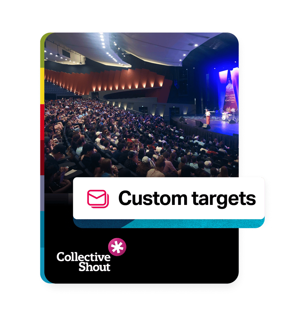 The founder of Collective Shout speaks to a full auditorium, highlighting the Custom targets feature of ActionButton.